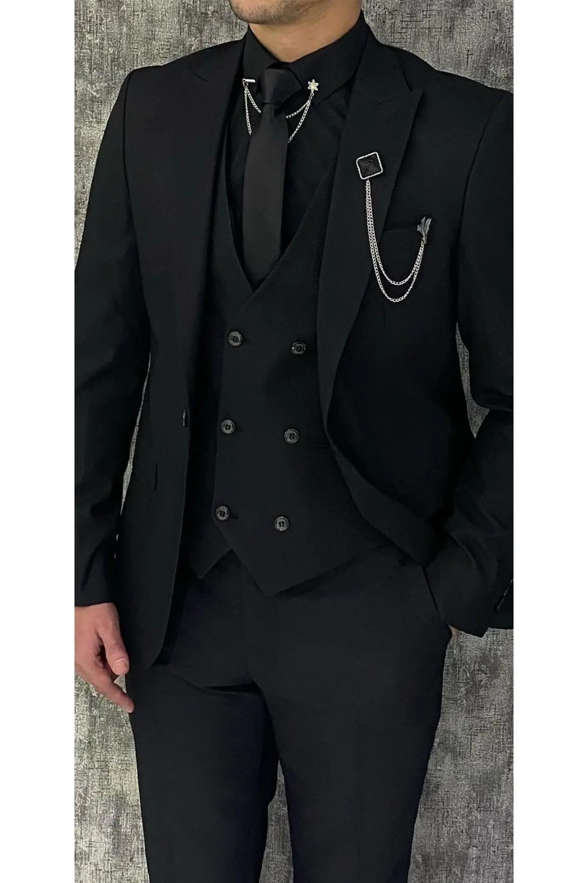 3 Düğme Düz Yelekli Takım Elbise