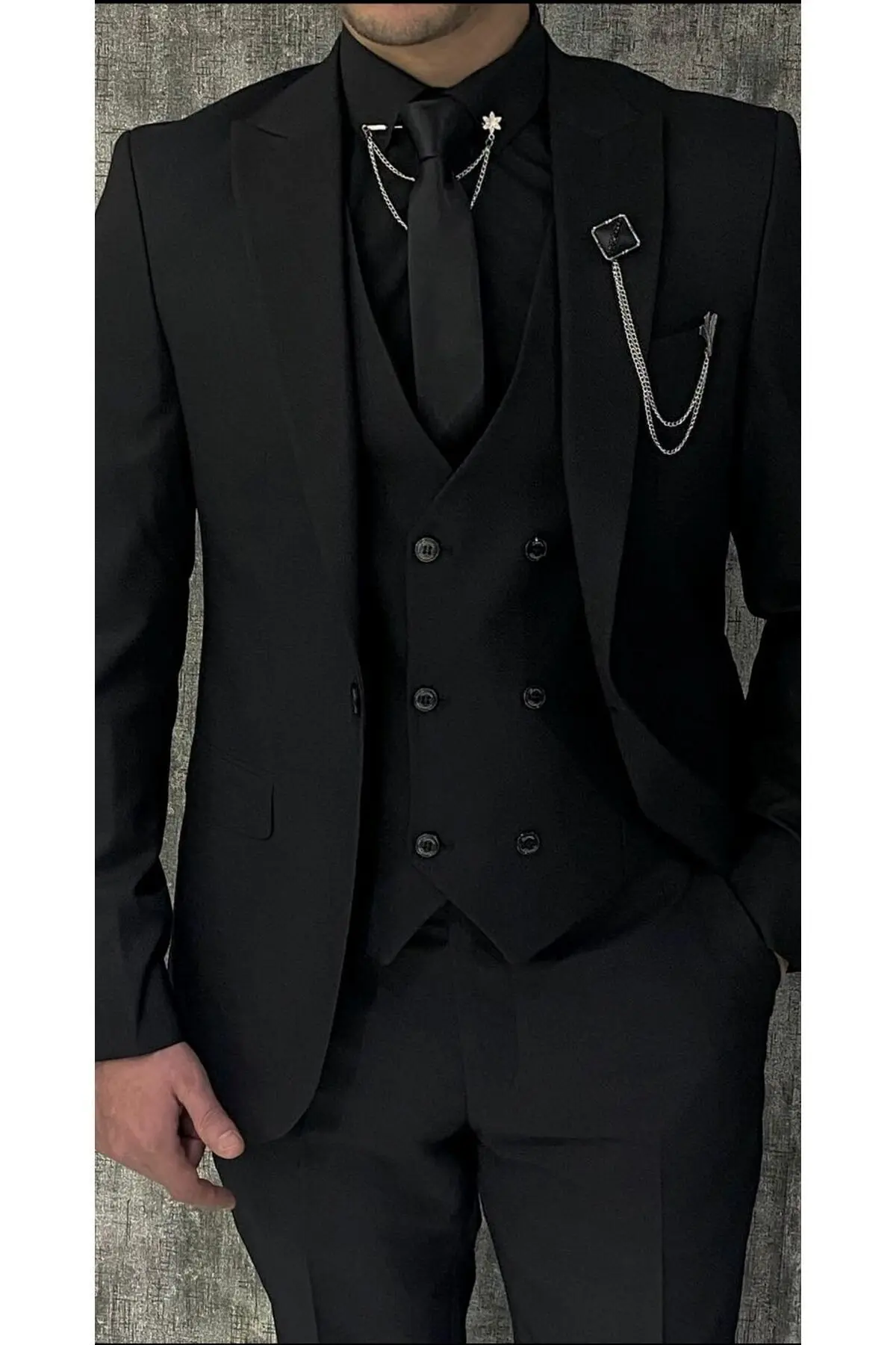 3 Düğme Düz Yelekli Takım Elbise